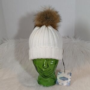 Furtalk White Knit Pom-Pom Beanie Women's